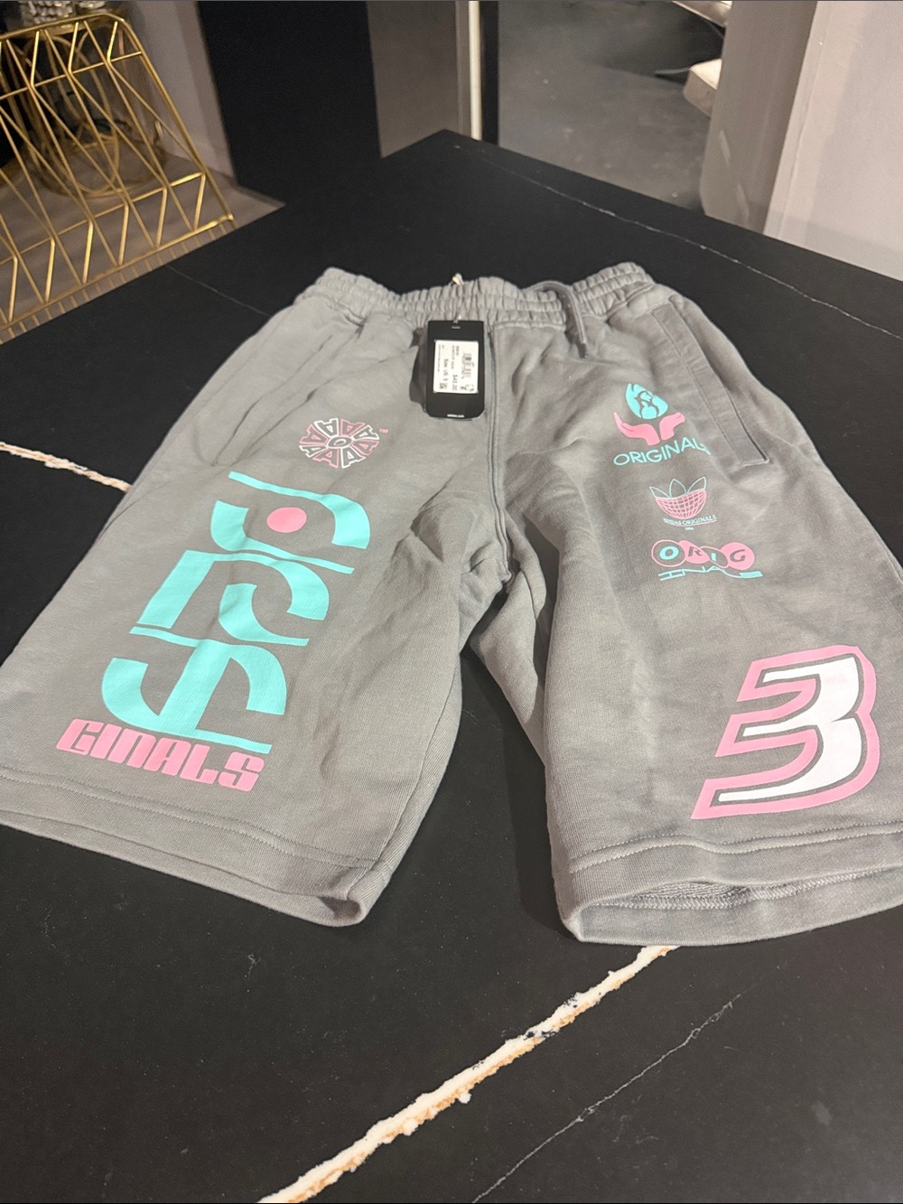 adidas Gray Graphic Shorts with Pink & Teal Accents
